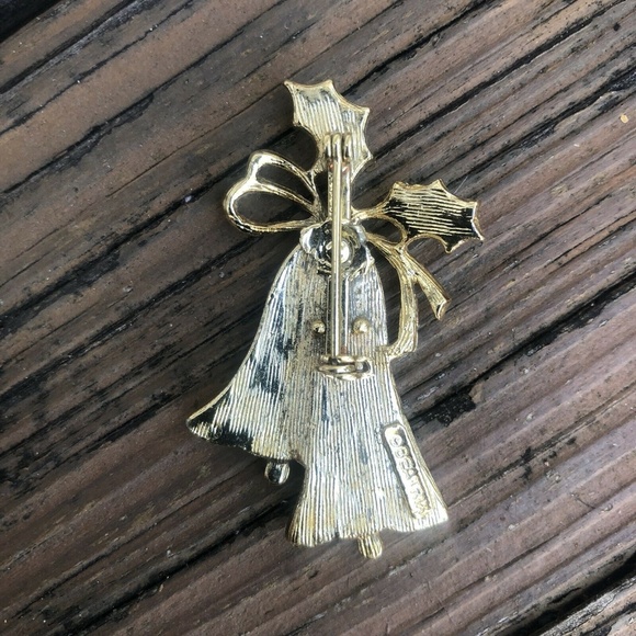 Christmas Bells Jeweled Enamel Brooch Holiday Green Red Gold Metal Pin Vintage - Picture 3 of 3